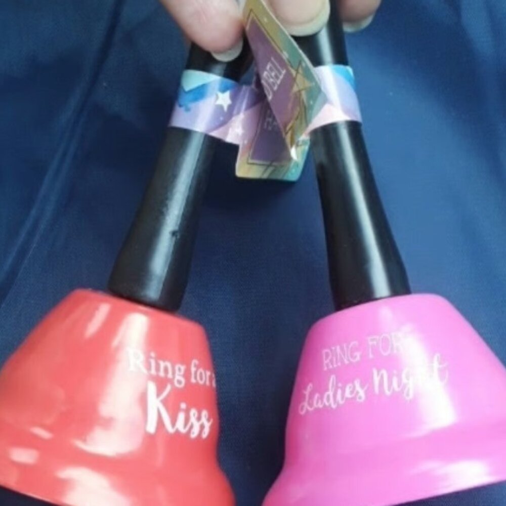 3 Hand Bells Red, Pink with Inscribed Words, shower ladie's night kissing party